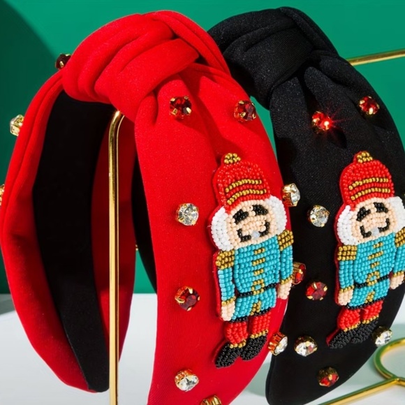 Red Knotted Beaded Nutcracker Christmas Headband - Picture 2 of 5
